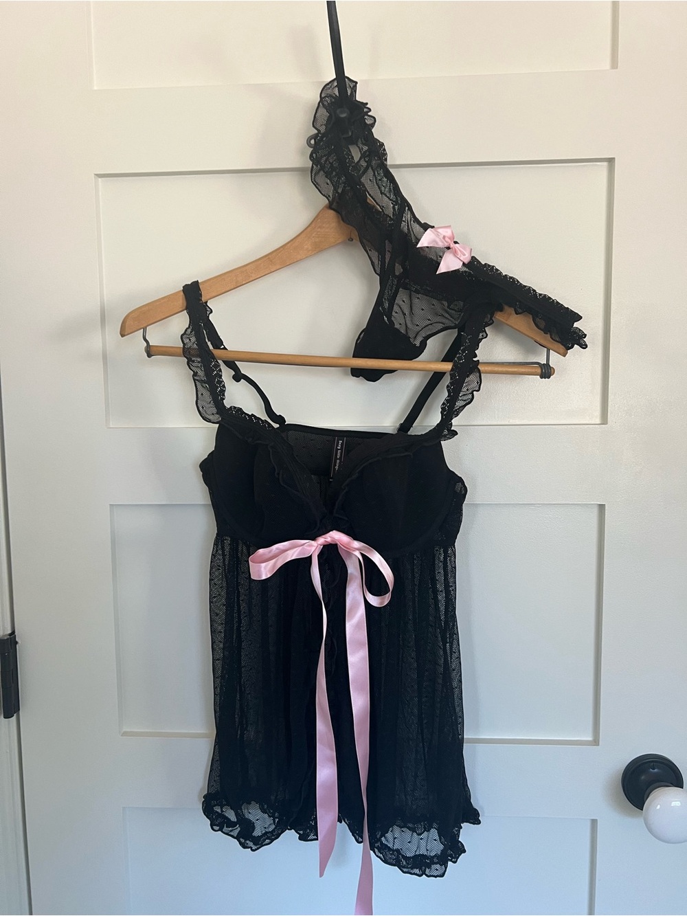 Victoria's Secret Black Lace Babydoll with Pink Satin Ribbon